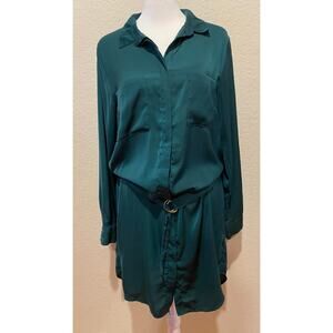 Vince Green Button Up Dress Size M Belted Y2K Satin Xmas St. Patty's Holiday NWT